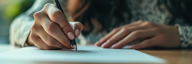 Photo close up of businesswoman hand signing contract or agreement with pen