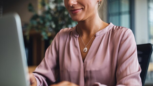 Close up of businesswoman working at office using laptop businesswoman smiling at camera