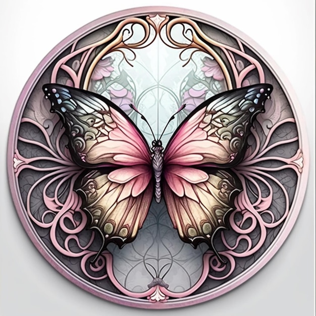 A close up of a butterfly on a circular plate with a pink background generative ai