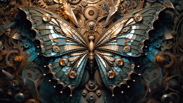 A close up of a butterfly made of metal with gears and a blue background.