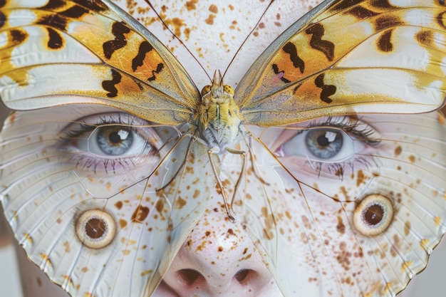 Photo close up of butterfly on person39s face with intricate wing patterns