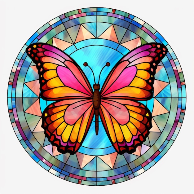 A close up of a butterfly in a stained glass circle generative ai