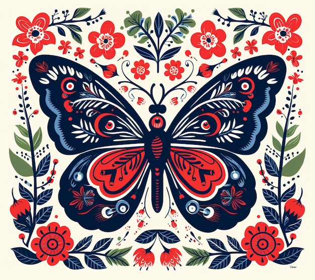 a close up of a butterfly with flowers and leaves on a white background generative ai