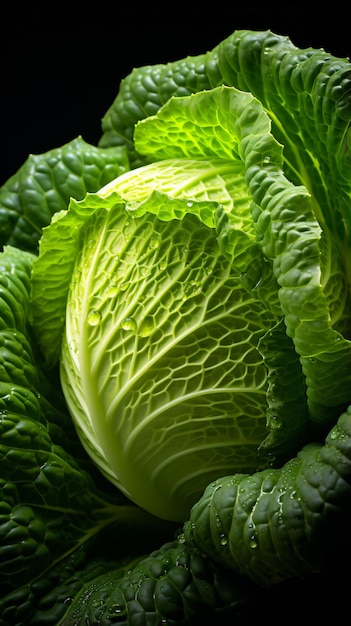 a close up of a cabbage head on a black background