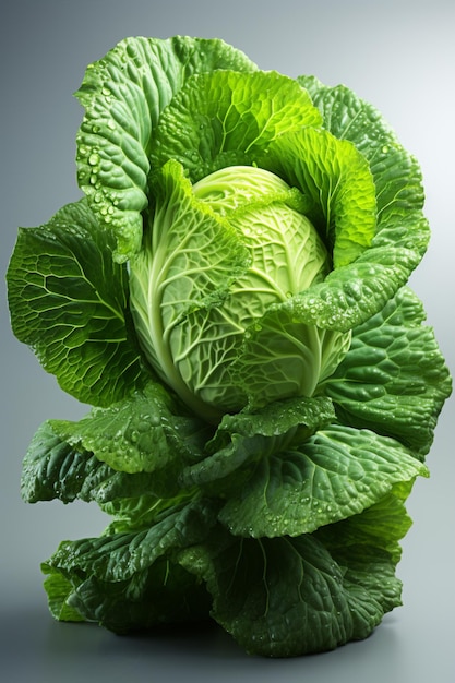 a close up of a cabbage head with green leaves on a gray background generative ai