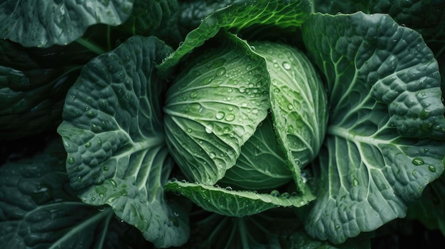 A close up of a cabbage with the leaves on it