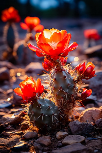 Close up of cactus plant with bright red flowers Generative AI