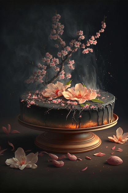 Close up of a cake with flowers on it generative ai