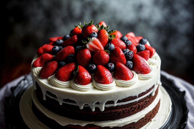 A Close Up Of A Cake With Strawberries And Blueberries On Top