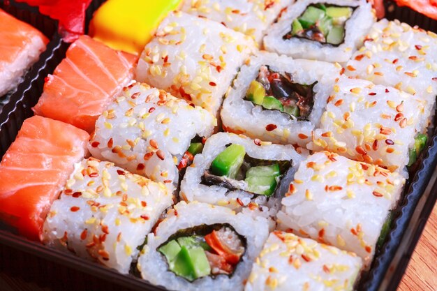 Close up california rolls with sesame