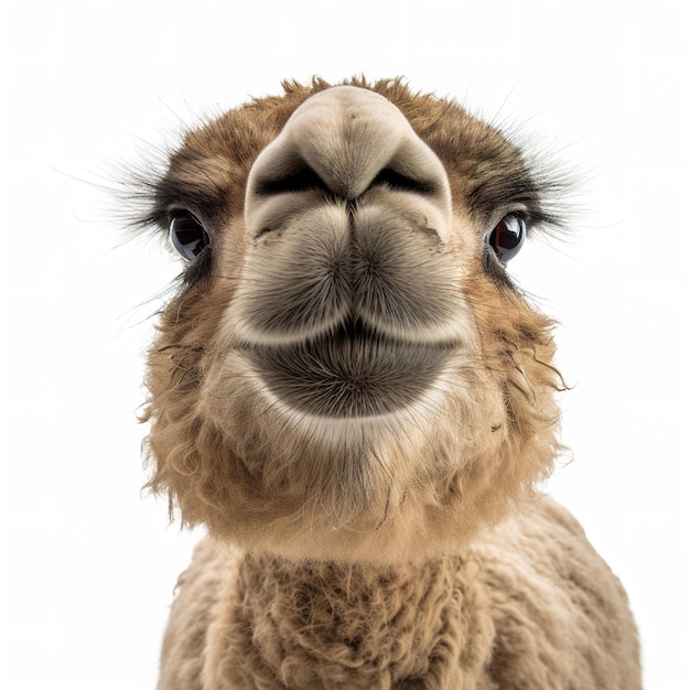 A close up of a camel's face with a white background