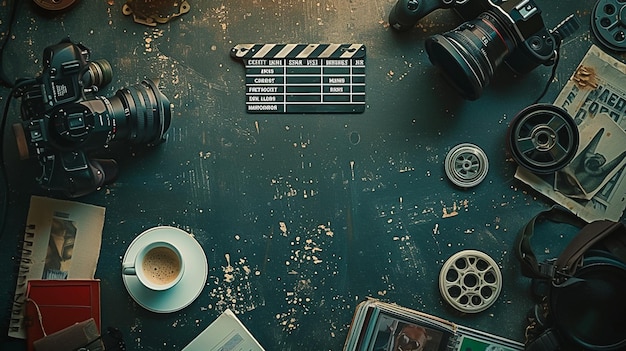 A close up of a camera a cup of coffee and a movie clapper