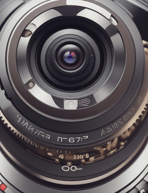 A close up of a camera lens showing details of its design