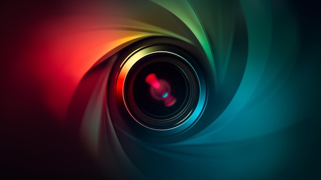 Close Up of a Camera Lens With Swirling Red Yellow and Blue Lights