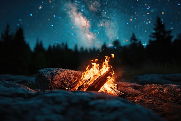 Close up of campfire and constellations in the wilderness and Milky Way