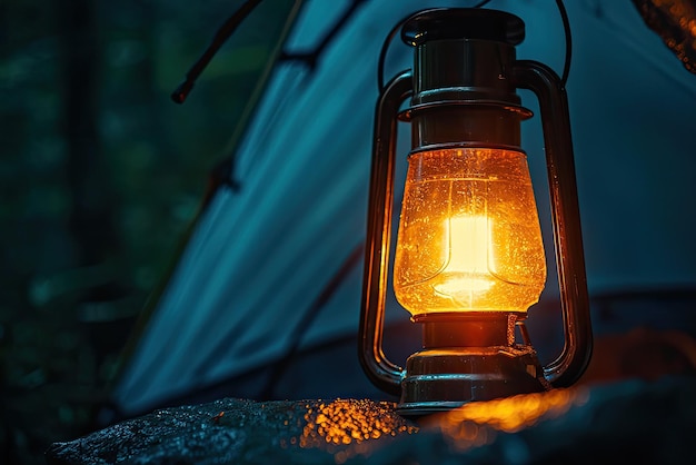 Photo a close up of camping lantern illuminating tent creating warm and inviting atmosphere in wilderness soft glow enhances serene camping experience