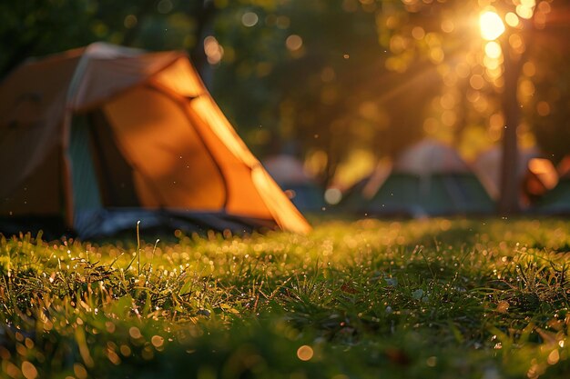 Close up of a camping tent on the grass with a blurred background taken during the daytime