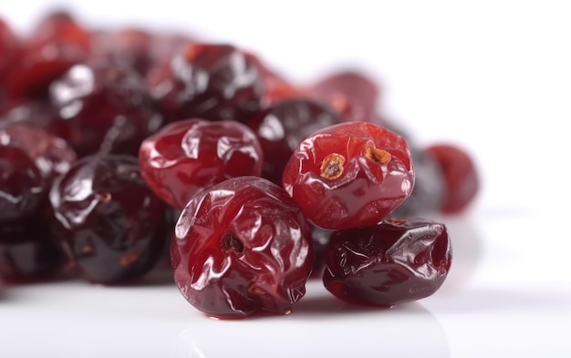 A close up candied dried cherries on a white background ai generated