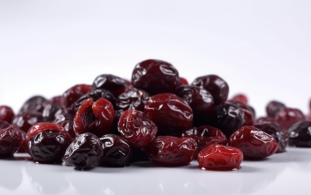 A close up candied dried cherries on a white background ai generated