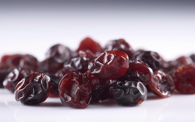 A close up candied dried cherries on a white background ai generated