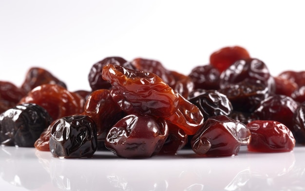 A close up candied dried cherries on a white background ai generated