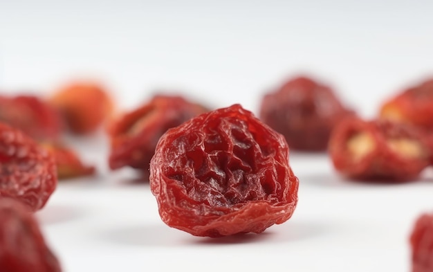 A close up candied dried strawberries slices on a white background ai generated