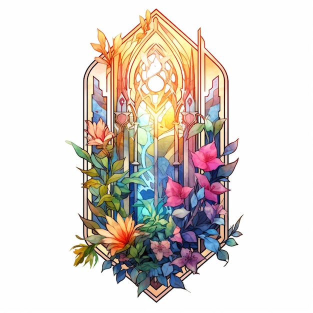 A close up of a candle with flowers and leaves in a stained glass window generative ai