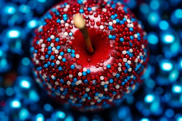 Close up of a candy apple coated in colorful sprinkles