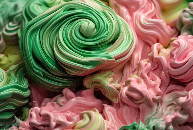 A close up of a candy swirl with green and pink frosting