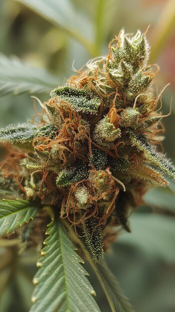 Photo close up of cannabis bud showcasing intricate details and vibrant colors surrounded by lush green leaves soft focus effect enhances beauty of this natural plant