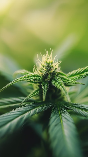 Close up of cannabis bud showcasing intricate details and vibrant green leaves creating serene and natural atmosphere soft focus effect enhances beauty of this plant