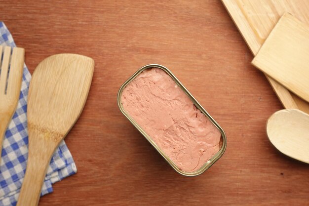 Close up of canned meat on table