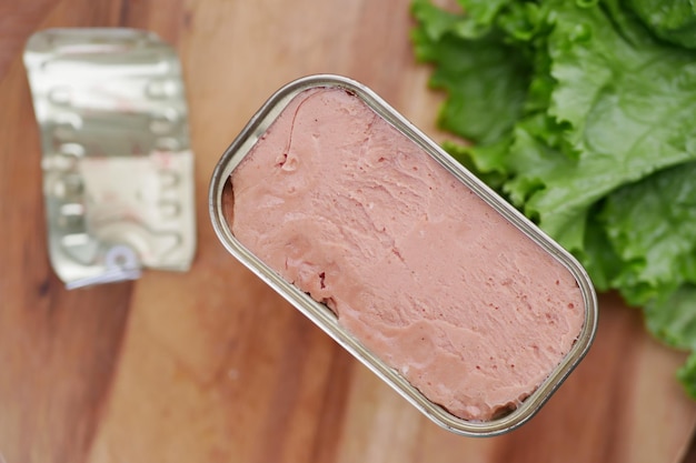 Close up of canned meat on table