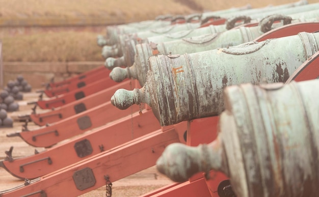 Photo close-up of cannons in row