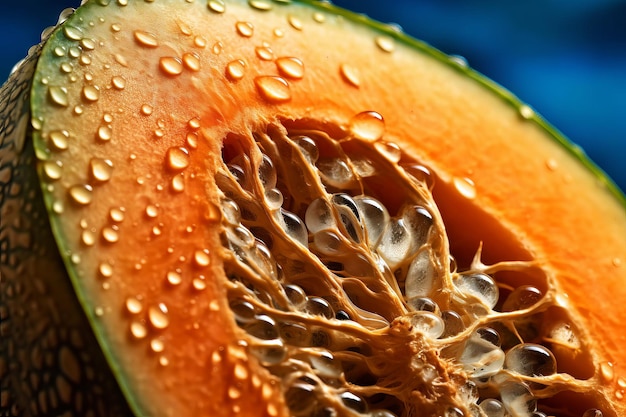 A close up of a cantaloupe fruit with water droplets on it