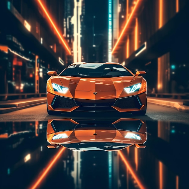 a close up of a car in a city at night generative ai