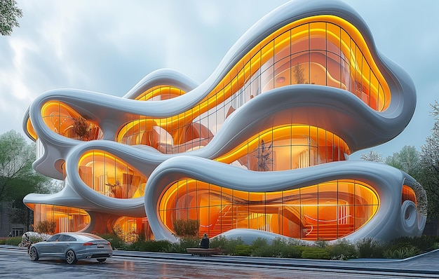 A close up of a car driving past a building with a curved facade