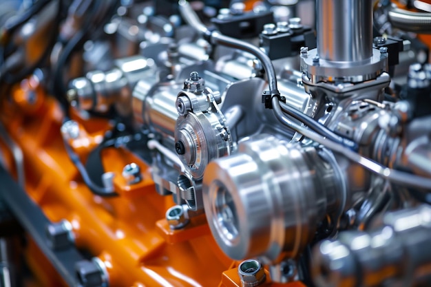 a close up of a car engine with orange and silver tubes