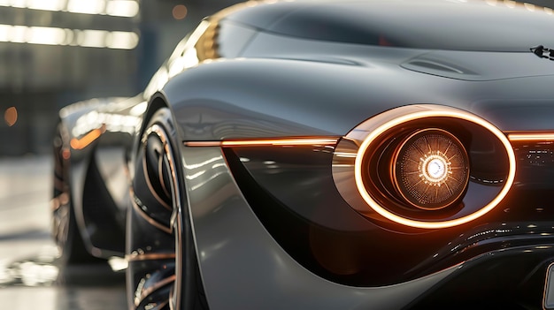 a close up of a car s headlight in a garage