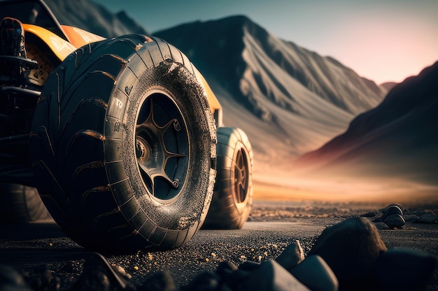 A close up of a car with the mountains in the background