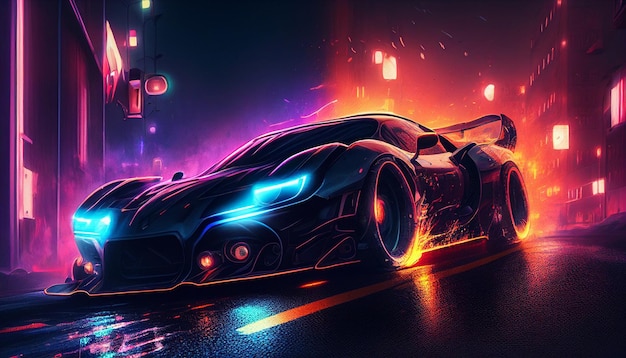 A close up of car with neon lit in the background generative ai