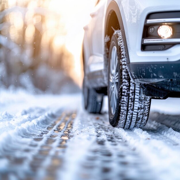 Photo close up of a car with winter tires on a snow covered road with blur background