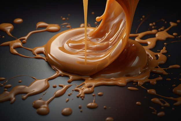 A close up of a caramel pouring into a small circle