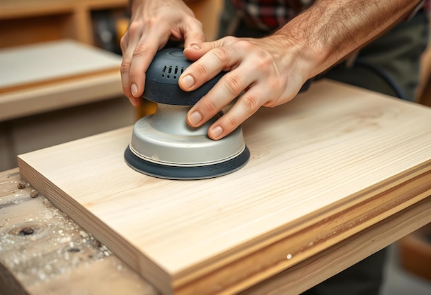 Photo close up of carpenter hands sanding wood with orbital sander at workshop