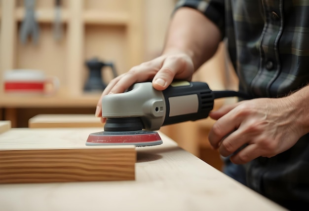 Photo close up of carpenter hands sanding wood with orbital sander at workshop