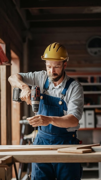 Close up of carpenter working with drill