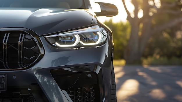 Close up of a cars headlights shining on the road