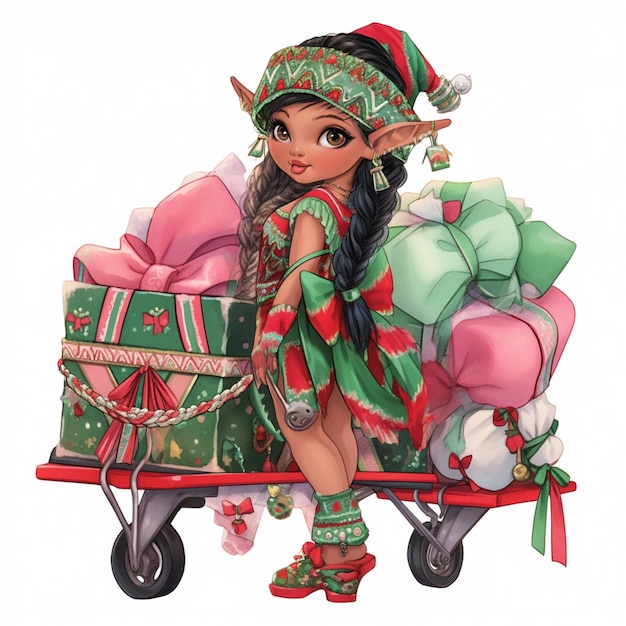 A close up of a cartoon elf with a cart of presents generative ai