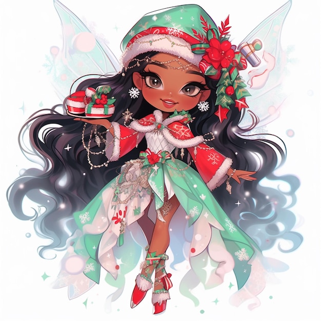 A close up of a cartoon fairy with a christmas hat and dress generative ai