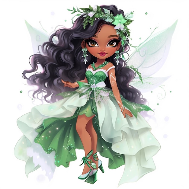 A close up of a cartoon fairy with long hair and a green dress generative ai